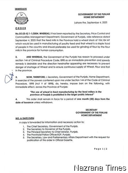 Section 144 Imposed in Punjab; Immediate Ban on the Use of Wheat in Feed Mills Across the Province