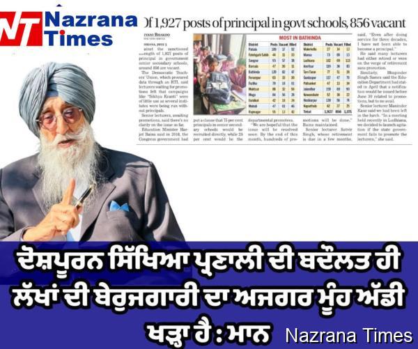 ਦੋਸ਼ਪੂਰਨ ਸਿੱਖਿਆ ਪ੍ਰਣਾਲੀ ਦੀ ਬਦੌਲਤ ਹੀ ਲੱਖਾਂ ਦੀ ਬੇਰੁਜਗਾਰੀ ਦਾ ਅਜਗਰ ਮੂੰਹ ਅੱਡੀ ਖੜ੍ਹਾ ਹੈ : ਮਾਨ
