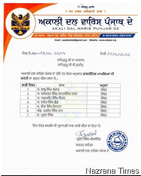 ਅਕਾਲੀ ਦਲ ਵਾਰਿਸ ਪੰਜਾਬ ਦੇ ਵੱਲੋਂ ਰਾਜਨੀਤਿਕ ਮਾਮਲਿਆਂ ਬਾਰੇ PAC ਕਮੇਟੀ ਦਾ ਗਠਨ