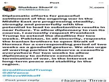 ਸ਼ਹਿਬਾਜ ਸ਼ਰੀਫ ਵੱਲੋਂ,ਟਰੰਪ ਨੂੰ ਇਰਾਨ ਲਈ ਮਿਆਦ ਵਧਾਉਣ ਦੀ ਅਪੀਲ
