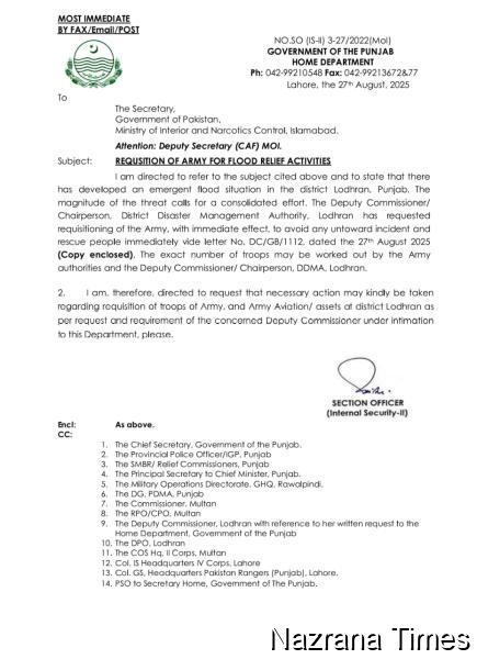 Punjab Requisitions Army for Flood Relief in Lodhran, Civil Defense Leads Evacuations
